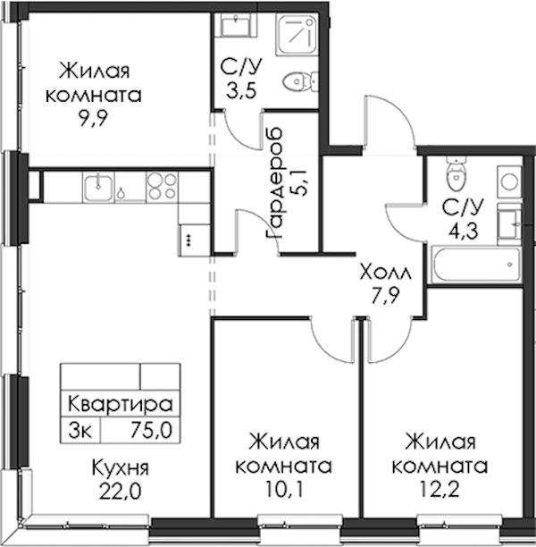 3-комнатная квартира 75 м², 7/12 эт., ЖК «Шкиперский 19»